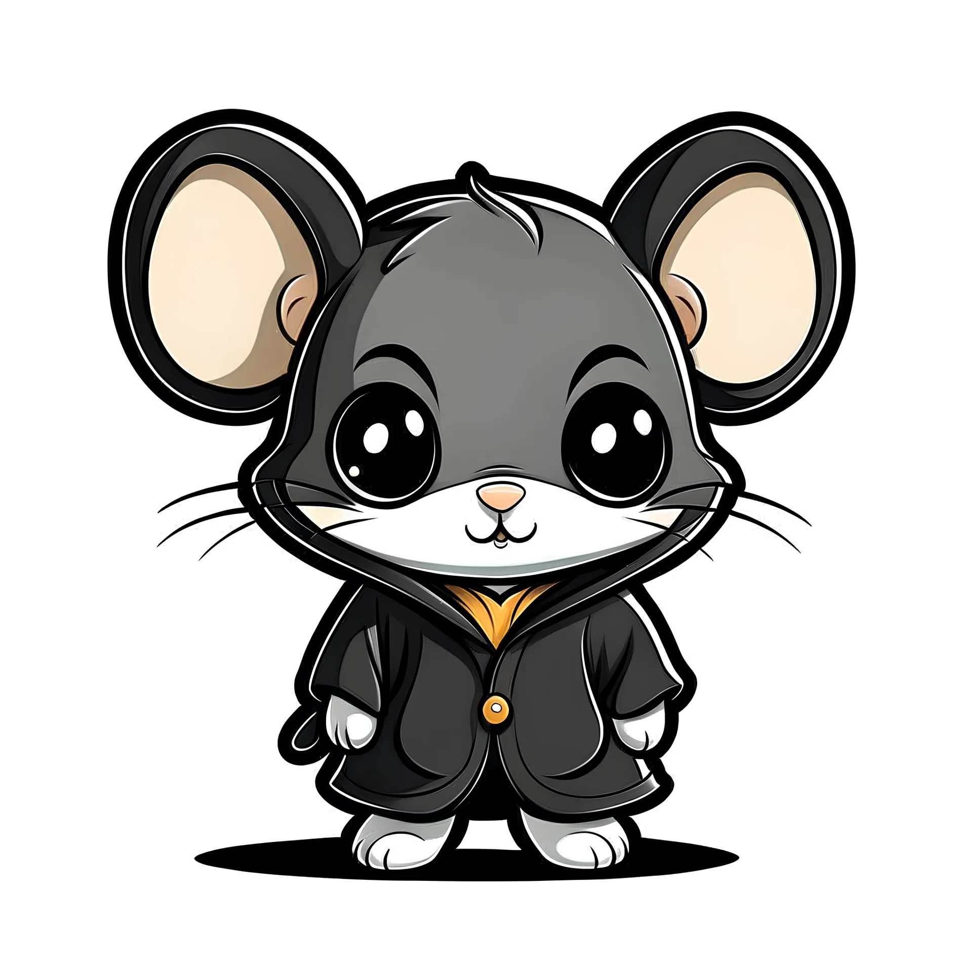 sticker style, cute mouse In a black raincoat, low detail, fewer colors, chibi, very simple,white border, minimalism