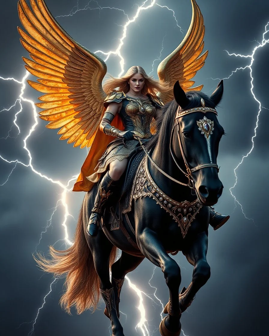 wide angle facing front photography fantasy art angel warrior drive black horse flying on darkstrom lightning high sky, beauty colors full body A Length image of very beautiful Super model woman,long hair blond as an Beautiful Archangel with wings made from metal craft, dressing luxurious golden and black color armor ornaments combination fully crystals diamonds stone,luxury boots shoes,she on drive horse on the high sky darkstrom