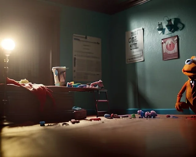 room crime scene with a muppet detective, realistic photo, with toys, concept art, minimal style, smooth, unreal engine 5, god lights, ray tracing, RTX, lumen lighting, ultra detail, volumetric lighting, 3d.