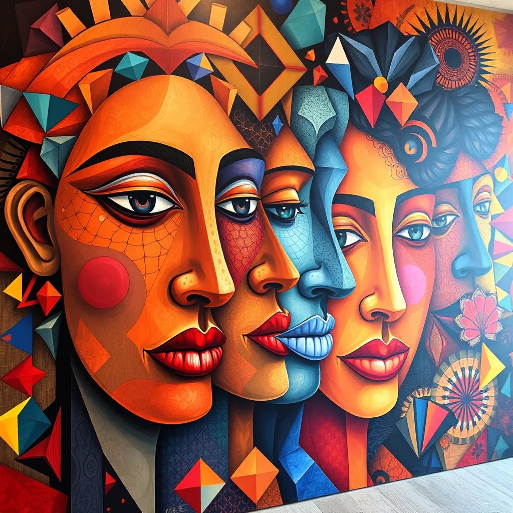 Large-scale oil painting, intricate stylized faces intermingling with geometric shapes, vibrant color palette, seamless canvas coverage, immersive gallery feel, no borders