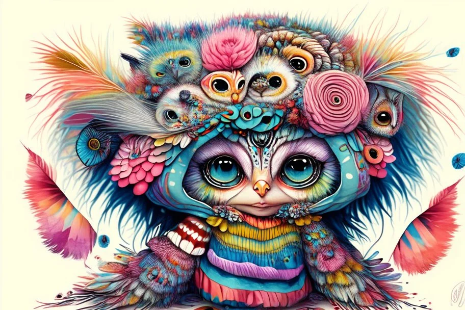 Artist Jean-Baptiste Monge style. Top view of a pile of humanoid biomorph flower patterned Beanie Babies kitten-owl faced woman. Vibrant, colorful. A furry striped dress, covered with owl feathers.