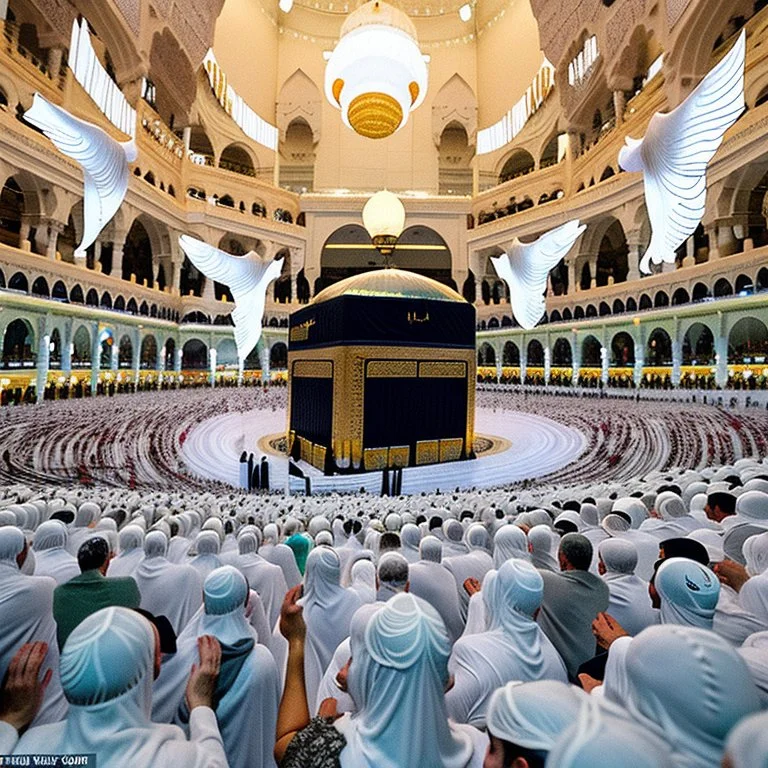 The scene in Mecca: People wearing white Ihram clothes, men without head coverings, women with veils, circumambulating around the Kaaba, and above them are transparent white spirits of children, men, and women with wings revolving around the Kaaba.