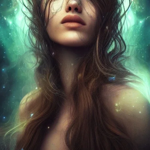 "perfect long-haired woman, full face tattoo of fractal art and galaxies extending past face and morphing into reality, 8k resolution, high-quality, fine-detail, intricate, digital art, volumetric lighting, octane render