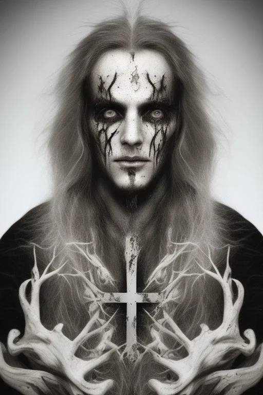 Symmetric portrait of a man with black metal facepaint, with long white hair, with a Christian cross on his forehead, with bloody eyes