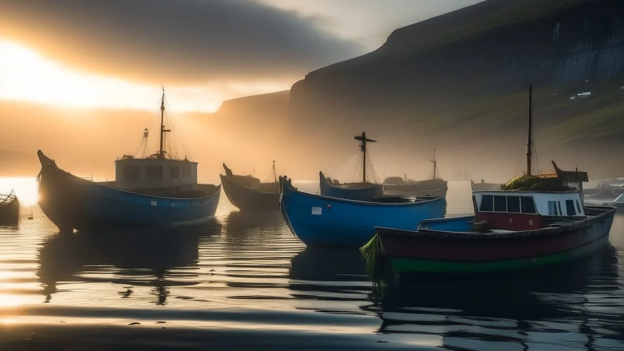 Painted fishermen’s boats anchored in a harbour in the Faroe Islands near a fishing village, fishermen putting fishing nets on their boats, peaceful, mist in the distance over the calm sea, early morning, sunrise, beautiful romantic photograph, excellent composition, atmospheric, realistic