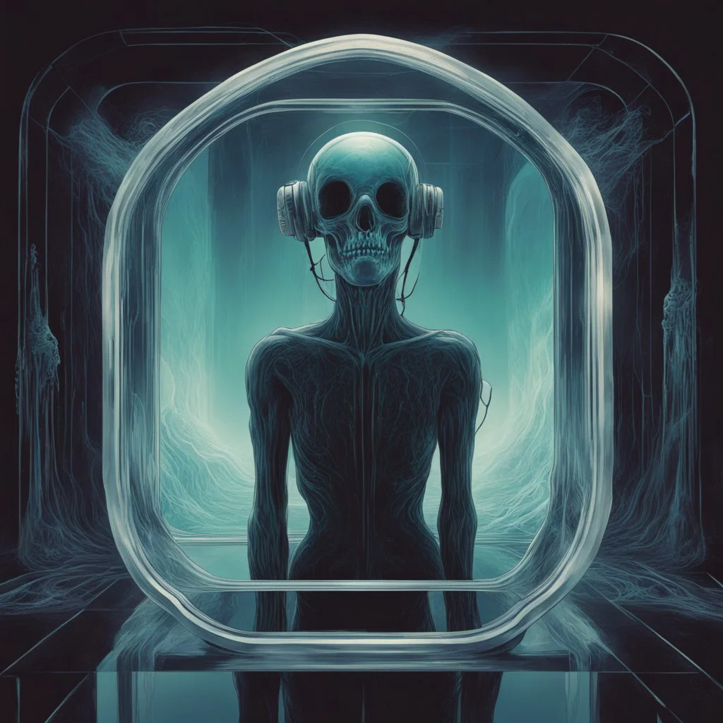 Stuck in this void place... the image Within the mirror, "X-RAY MIRROR", dark sci-fi fantasy, mirrorcore, artistic, surreal, sinister, profound, dramatic, vaporwave, color ink illustration