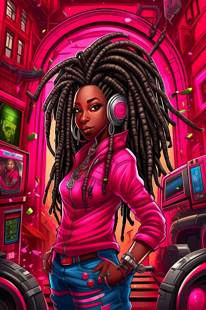 Create a digital airbrush cartoon of a curvy African American female wearing a hot pink jean outfit with timberland boots. Prominent make up with hazel eyes. She is wearing large diamond hoop earrings. Extremely highly detailed very long dread locs hair that shines. Background of a night club.