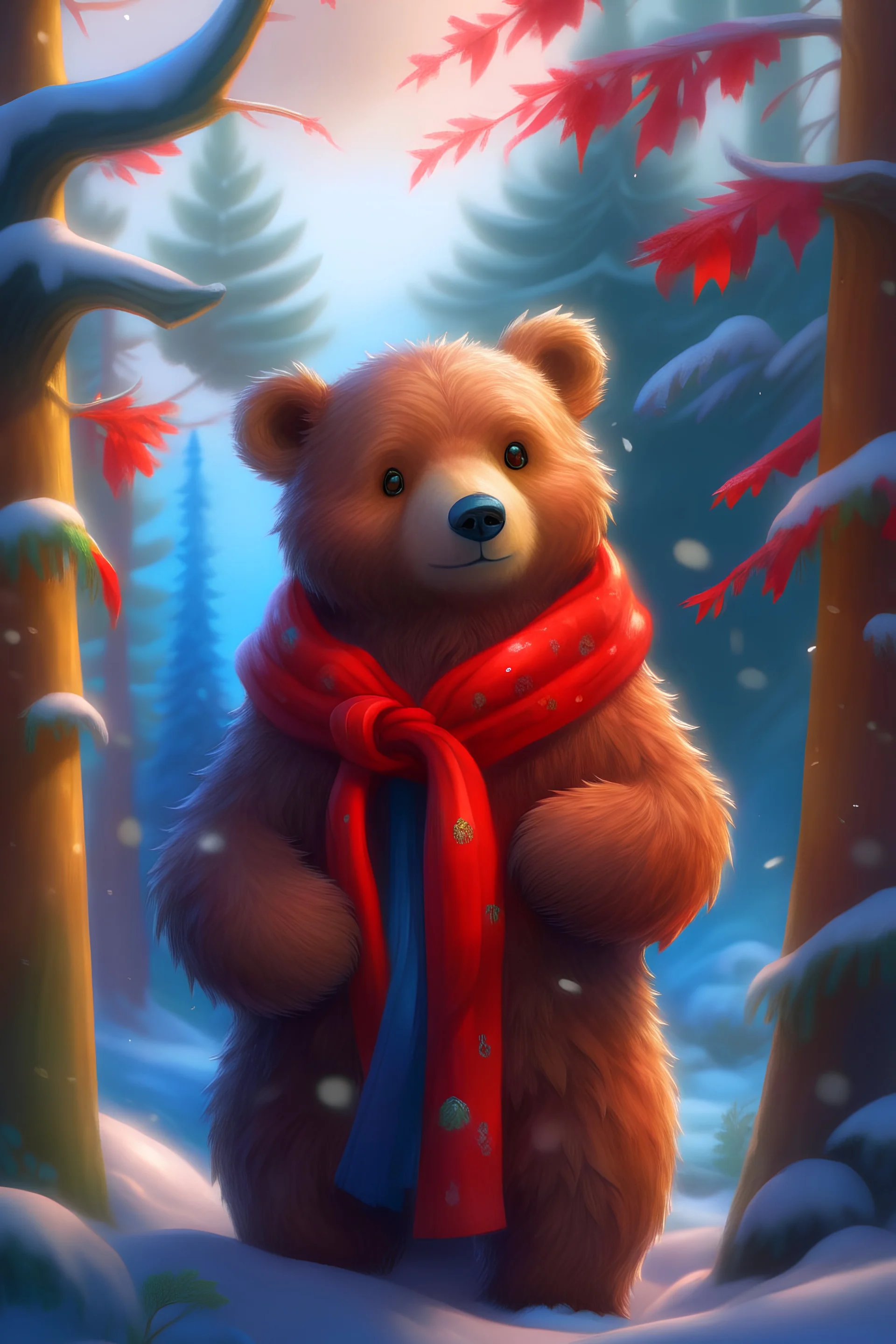 a teddy bear with a highly detailed meticulously detailed and a red winter coat and scarf pine trees in the background, digital painting, artstation, art by Lisa Frank, artgerm, Greg Rutkowski, William-Adolphe Bouguereau, renaissance, Unreal Engine 5