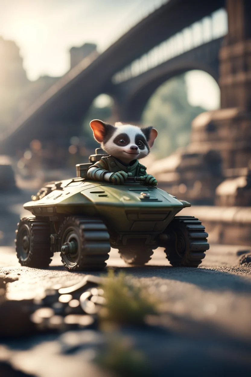 pen outline, gremlin alien badger sheriff drifting with tanks under the bridge rui ,bokeh like f/0.8, tilt-shift lens 8k, high detail, smooth render, down-light, unreal engine, prize winning