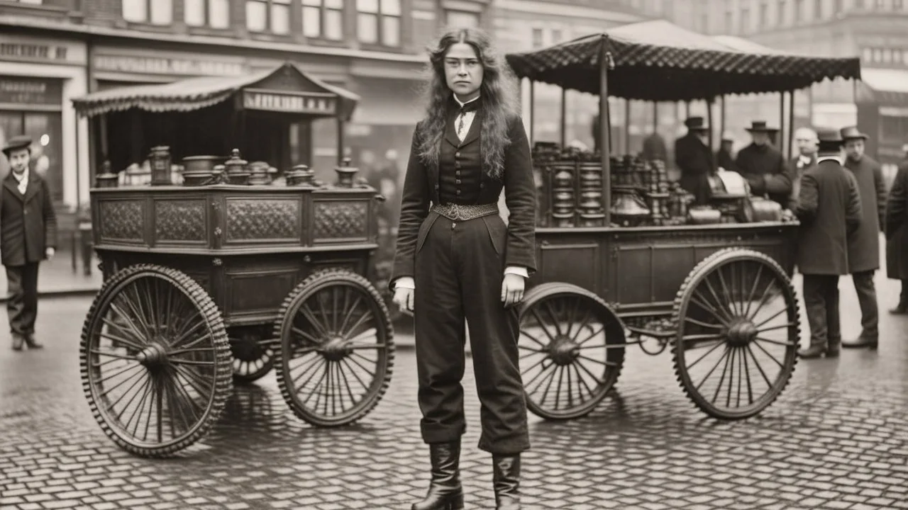 full-length portrait of a pale-faced woman with auburn wavy shoulder-length hair, with metal arms and legs, dressed in leather trousers and jacket, with a blouse, standing beside a steam carriage in a busy market square