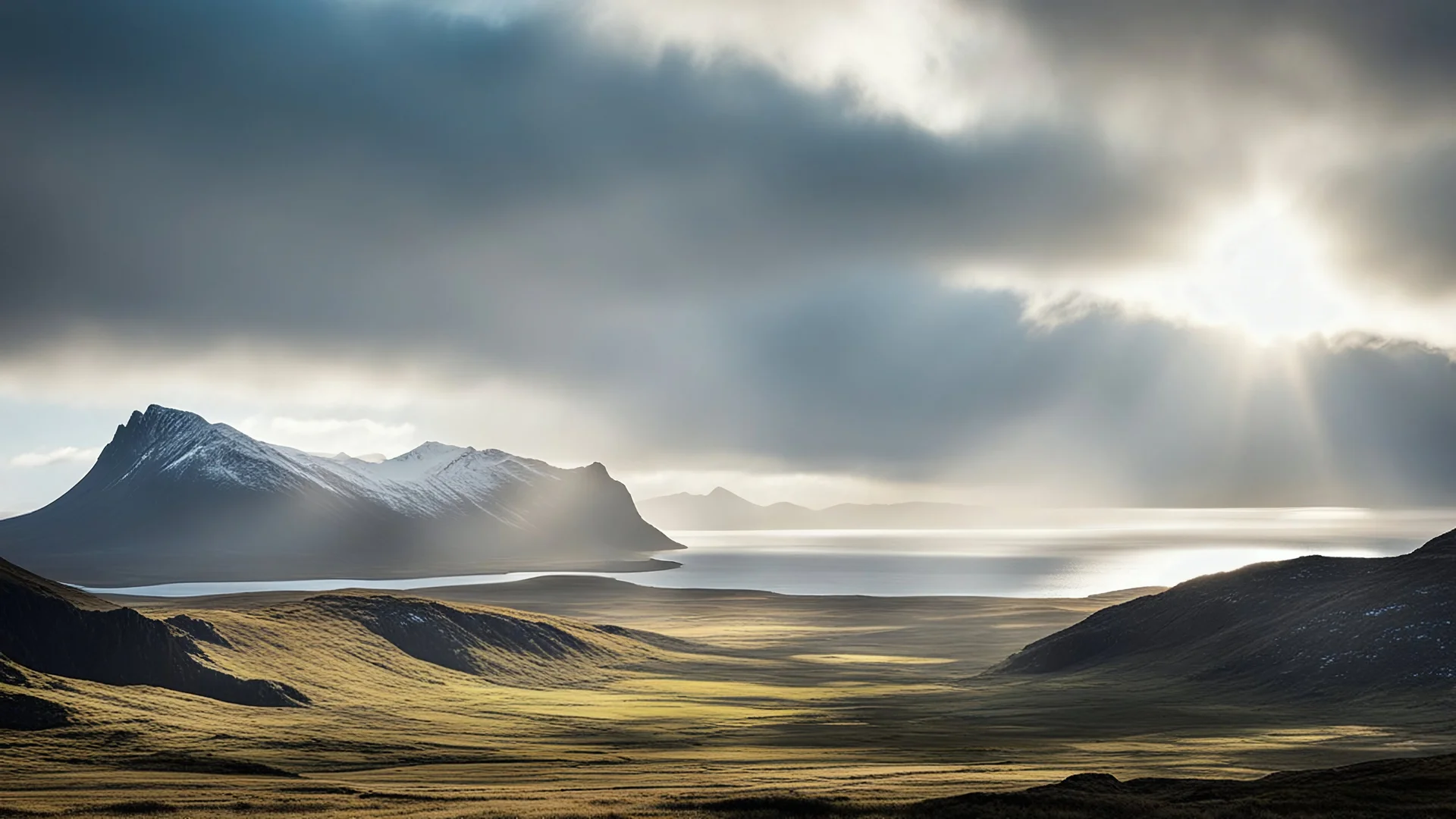 Mountainous landscape on Kerguelen, dramatic sunlight, chiaroscuro, awe-inspiring, beautiful composition, award-winning photograph