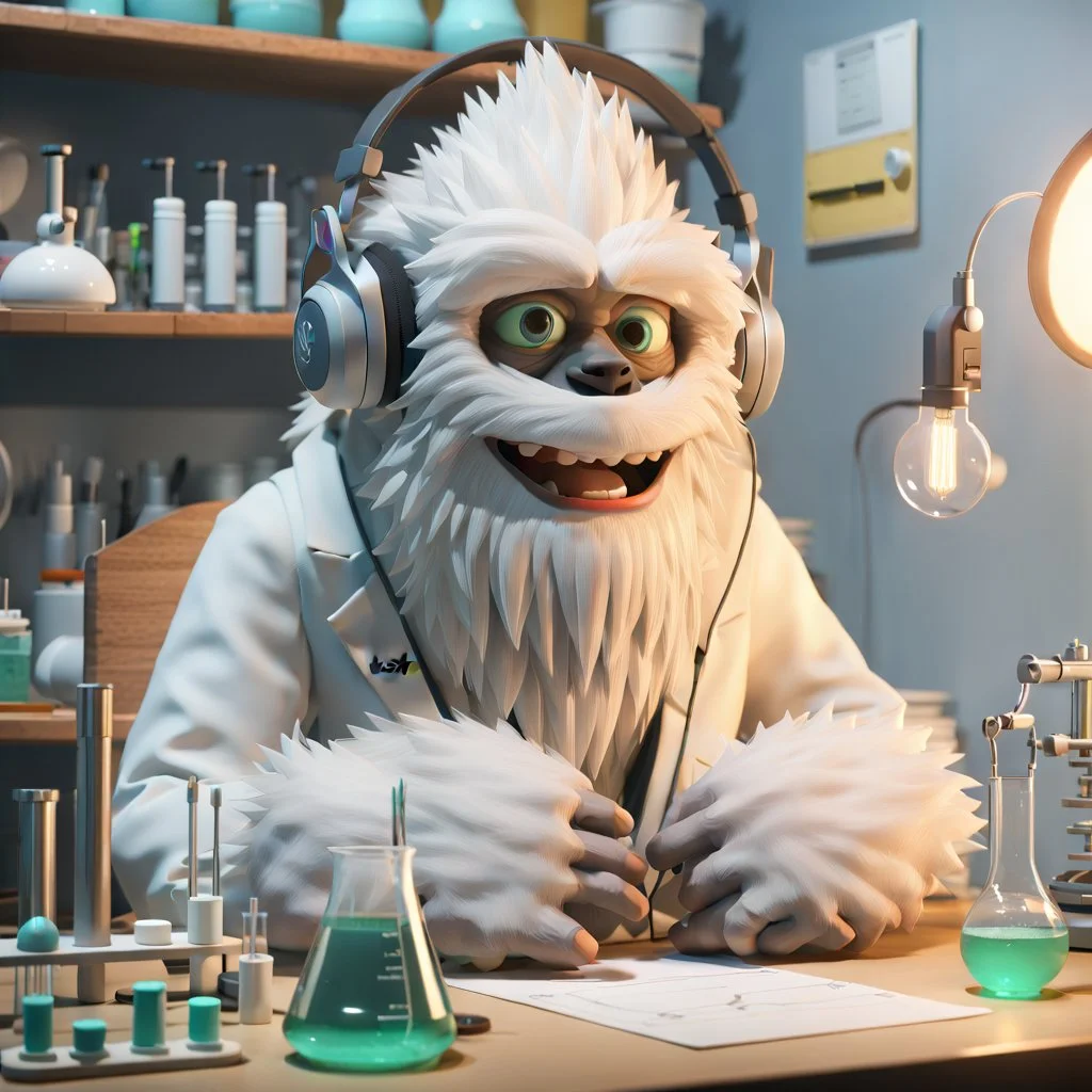 Render in Blender 3D: A Yeti epidemiologist sits in a well-lit lab, headphones on, deeply engrossed in a podcast. On the desk beside him are various lab equipment and a freshly made panini, steam rising from it. His expression is one of contentment and curiosity, combining his love for science and food.