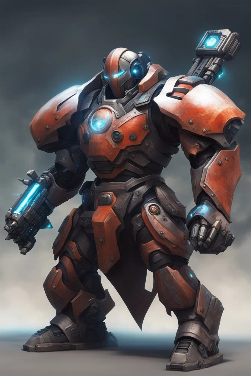 futuristic juggernaut with dual plasma battle axe and 4 plasma canon in the back