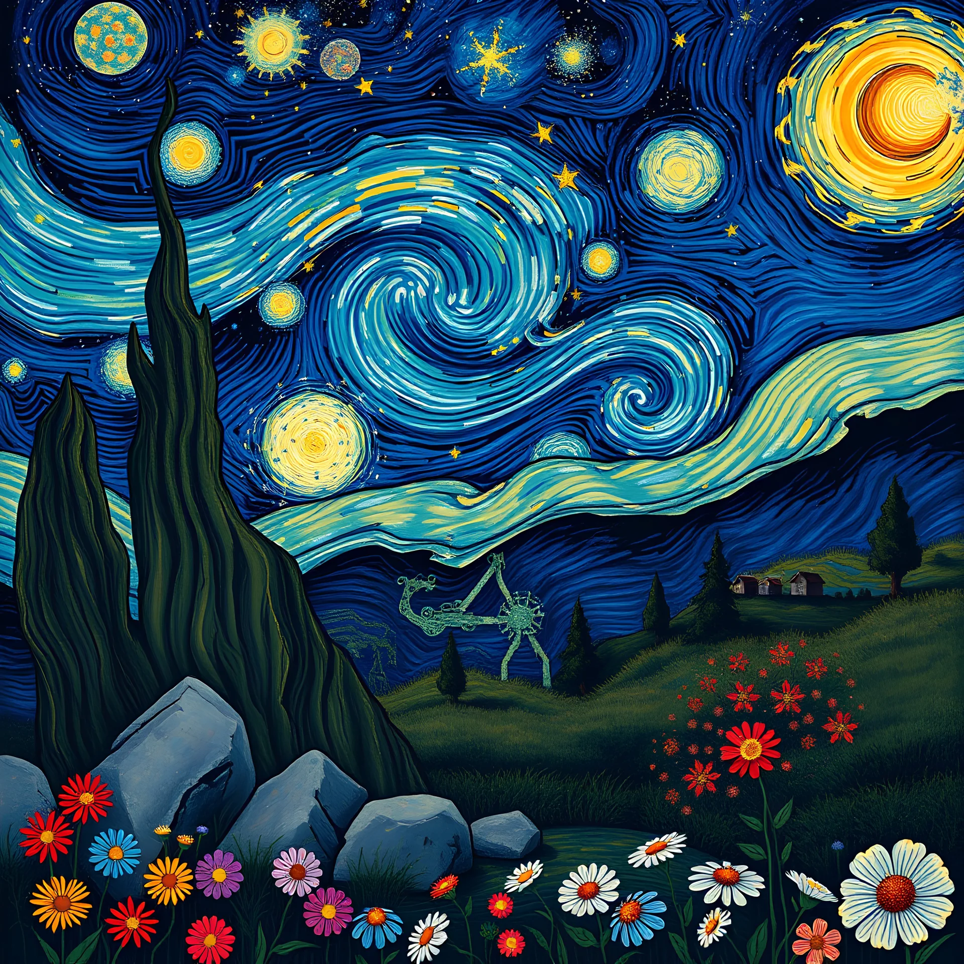 Colourful, peaceful, Egon Schiele, Max Ernst, Vincent Van Gogh, night sky filled with galaxies and stars, rocks, trees, flowers, one-line drawing, sharp focus, 8k, deep 3d field, intricate, ornate