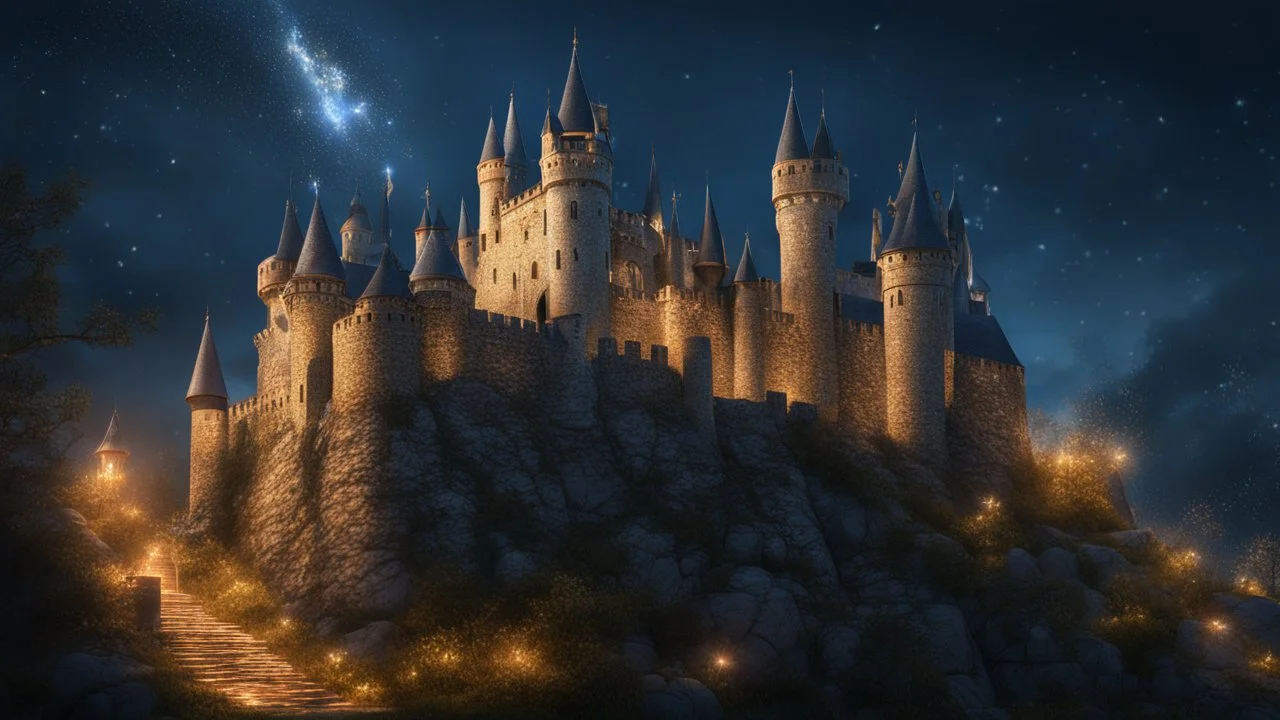 Medieval castle, fantasy, night, glare, sparkles, clear lines, detail, fine rendering, high resolution, 4K, photorealism, precise focus,