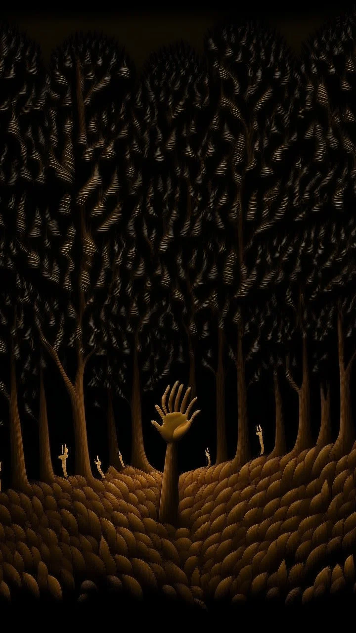 In the woods of hands at night, a of a tree shape, brown skin, night, night, tall, thin field of thousands of hands standing migrating