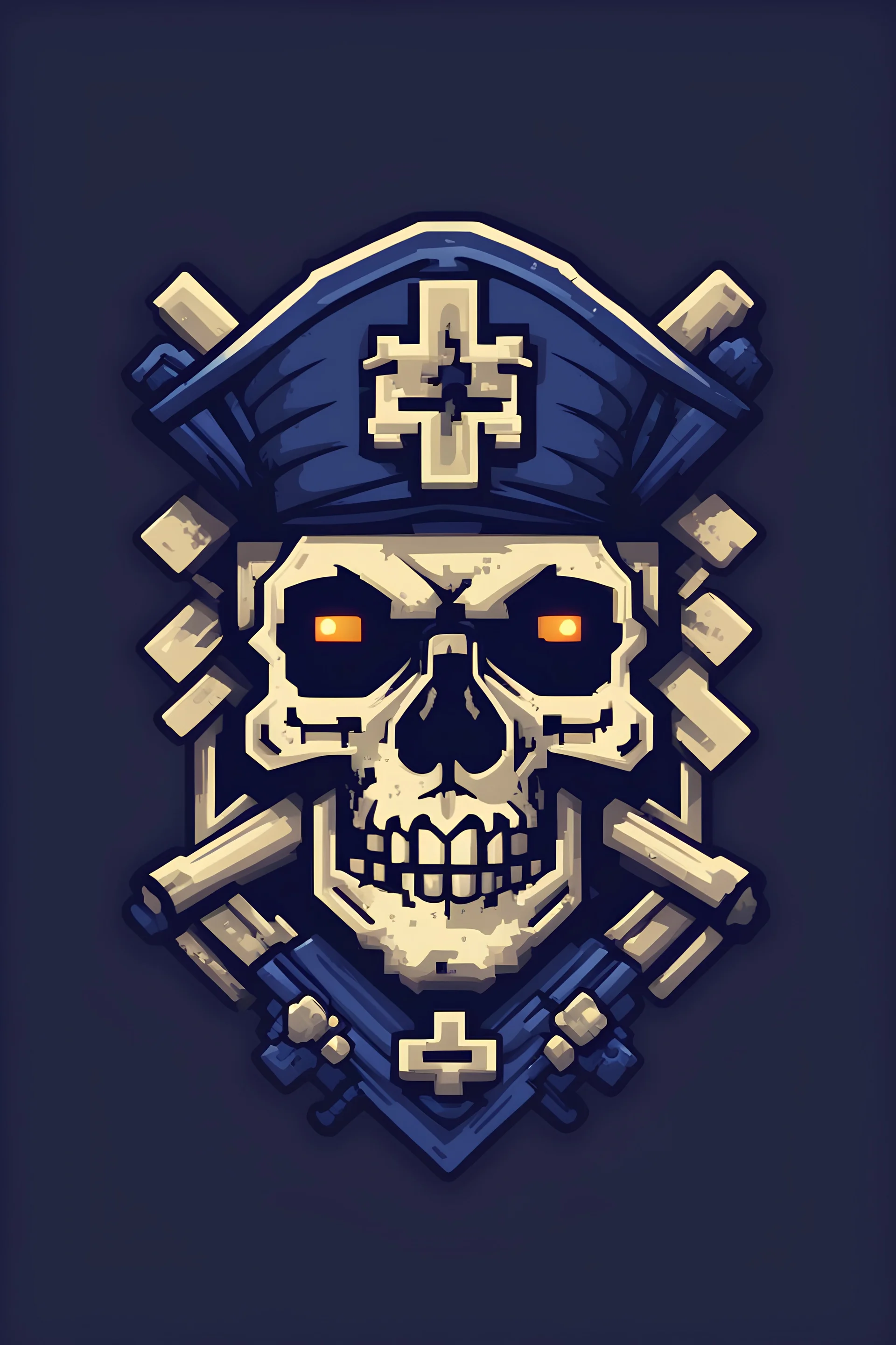 An 8 bit style skull and cross bones pirate logo with a spooky navy glow
