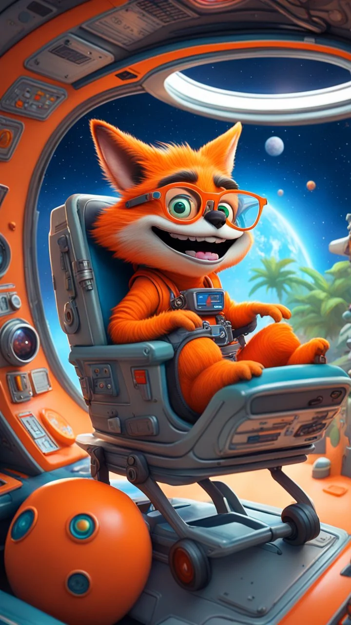 big ass space hairy hi tech alien cowboy gremlin orange laughing fox with glasses in tiny cart chair jumping round in space in a weird living space camper ship driving down weird twisted tube track in space station jungle, spell jammer, Pixar-inspired, expertly crafted in a whimsical and vibrant cartoon style. is masterfully rendered in a lifelike 3D design, which captivates viewers with there irresistible charm. The background is filled with warm, inviting colored stars and a 3D render