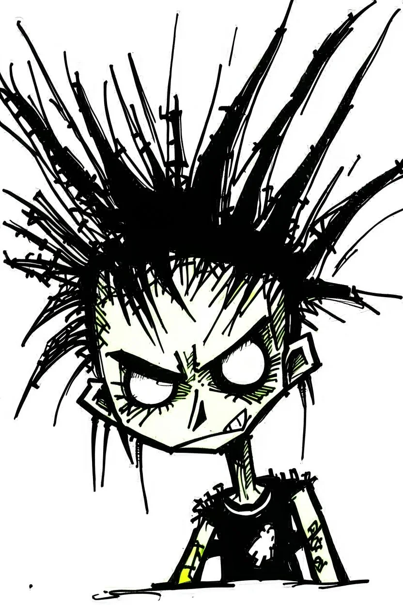 2d drawing of a stickman, cool with punk hair, x eyes like in hangman, sideview of him sitting in a car, arm slightly lifted and resting on door