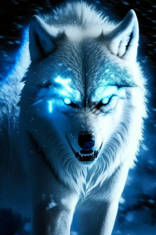 winter white gagantuan wolf beast angry glowing eyes