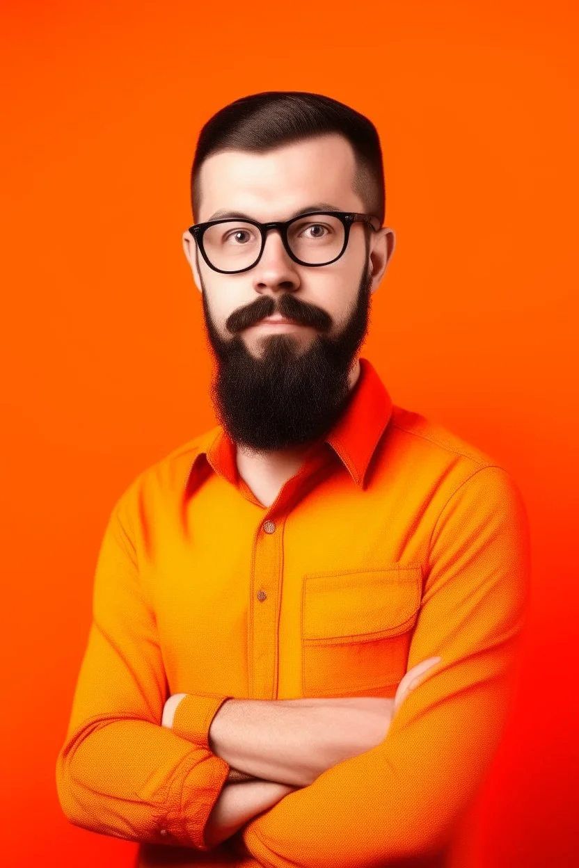 high quality photography 30 year old handsome developer man, front view, flat single color orange background