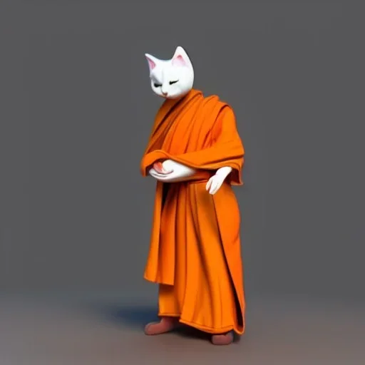 Un chat, habillé en moine bouddhiste, anthropomorphique, très détaillé, représentation 3d, un maximum de détail