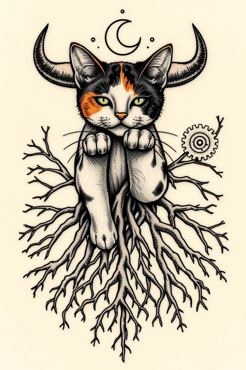 Design feminine tattoo: The centerpiece of the tattoo is a calico cat. From the paws, deep roots twist into the ground, sprawling outwards. The roots look as though they're entangled with the earth itself, symbolizing Taurus' deep connection to the planet. as a backdrop, include elements of gears A crescent moon or starry sky above the bull