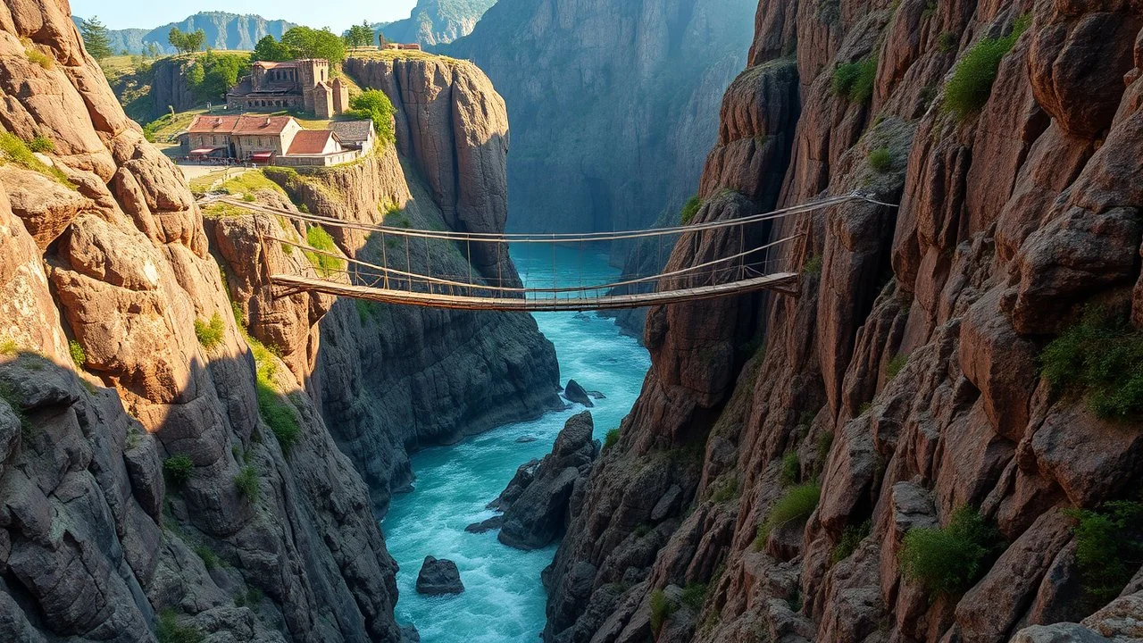 In a fantasy world, a deep gorge with vertical stone sides has a tumultuous river flowing at the bottom. At ground level, above the gorge, a rope bridge has been constructed to span across the gorge. The scenery is awe-inspiring. Colour photograph