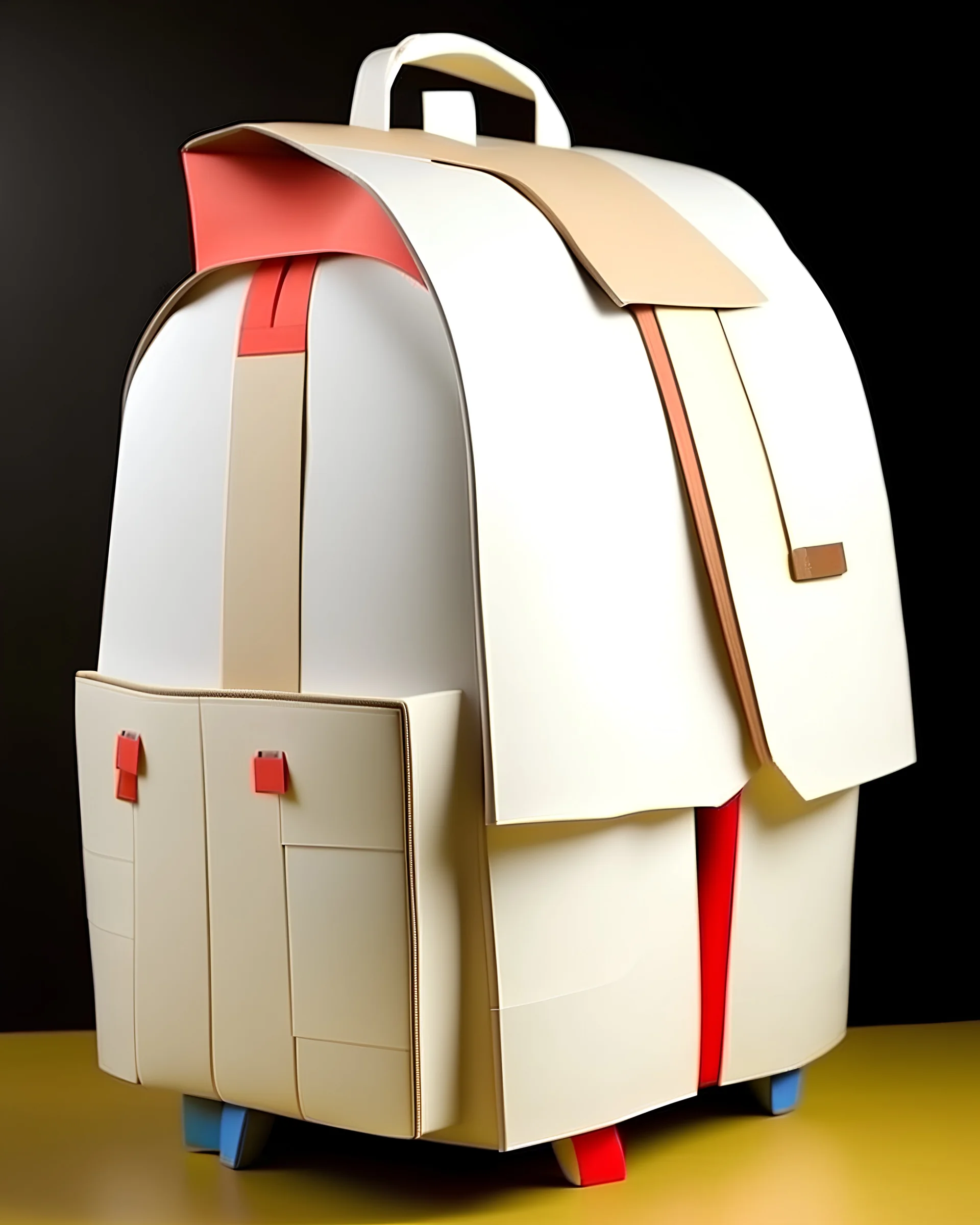 Design me a paper backpack made by a collaboration between Charles and Ray Eames, Frank Gehry, Le Corbusier, Marcel Breuer, Mies van der Rohe