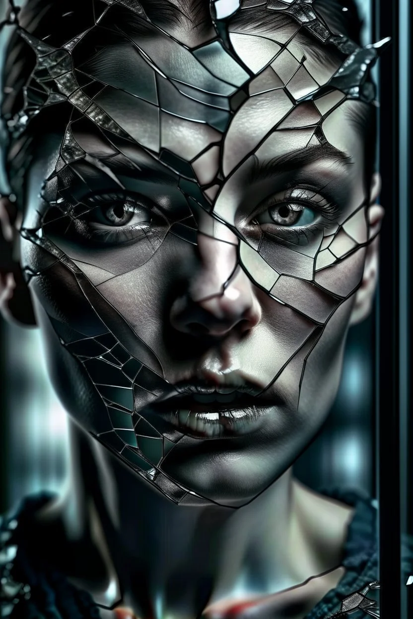 Close-up shot. A cracked pale face deep gaze dark makeup and lips figure through looking a fractured cracked glass pane, revealing glimpses of a surreal hightech cityscape. Hyperrealistic, sharp focus, intricate details, surreal style by Dali, Bosch, Kandinsky, beautifully shot. High contrast, cinematic, dark gloomy, atmospheric, moody. 64 megapixels, perfect compositi
