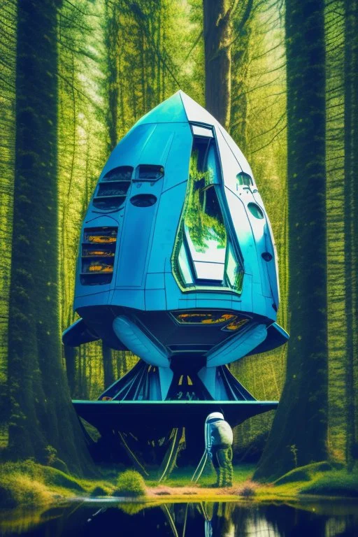 spaceship in a woodland clearing, next to a lake, with a woman kneeling under it, repairing it, blue sky