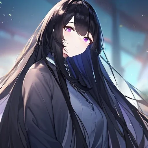 Clear focus,High resolution, Black long fluffy hair, long bangs, and purple eyes, Depressed girl