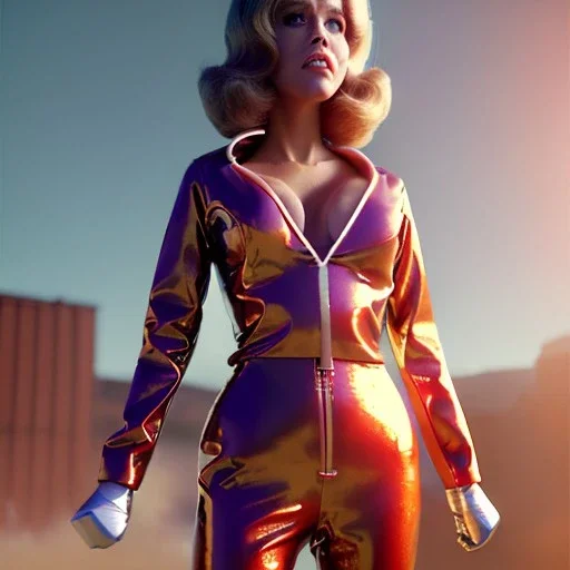 retro sci-fi press image, explosions supermarket from 1960, sweet young Jane Fonda, tight latex suit, weapon, fighting stance, soft color, highly detailed, unreal engine 5, ray tracing, RTX, lumen lighting, ultra detail, volumetric lighting, 3d, finely drawn, high definition, high resolution.