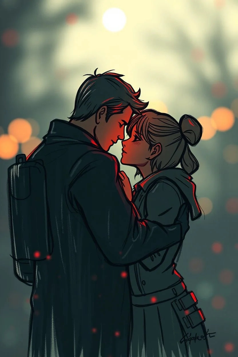 oh no instant love, blurred back ground, spray air brush with pen outline, in the style of fallout 4, game graphics bokeh