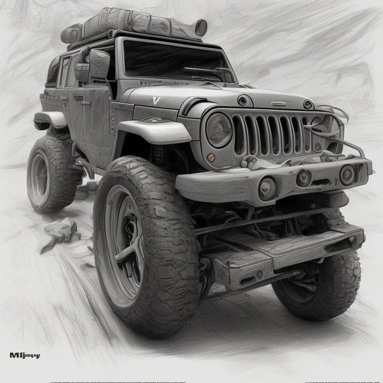 technical concept study, pencil sketch, sigle digital, inspired from Vintage Jeep Toyota 4x4