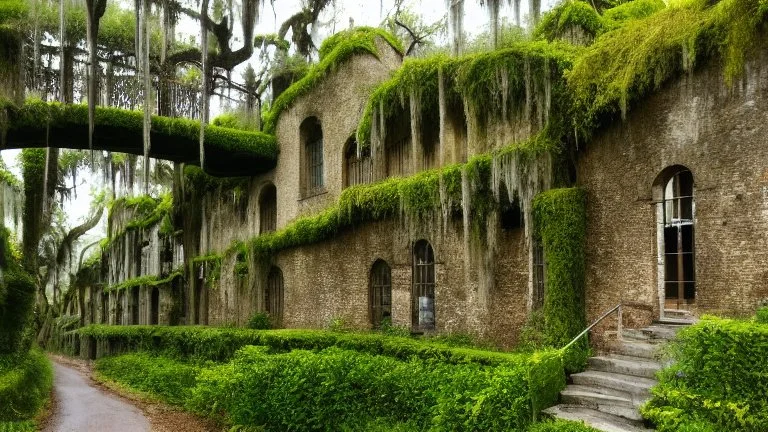 Gigantic mushroom village with balconies, archways, stairs, bridges, bushes, spanish moss, ivy, lake, a winding pathway through the middle