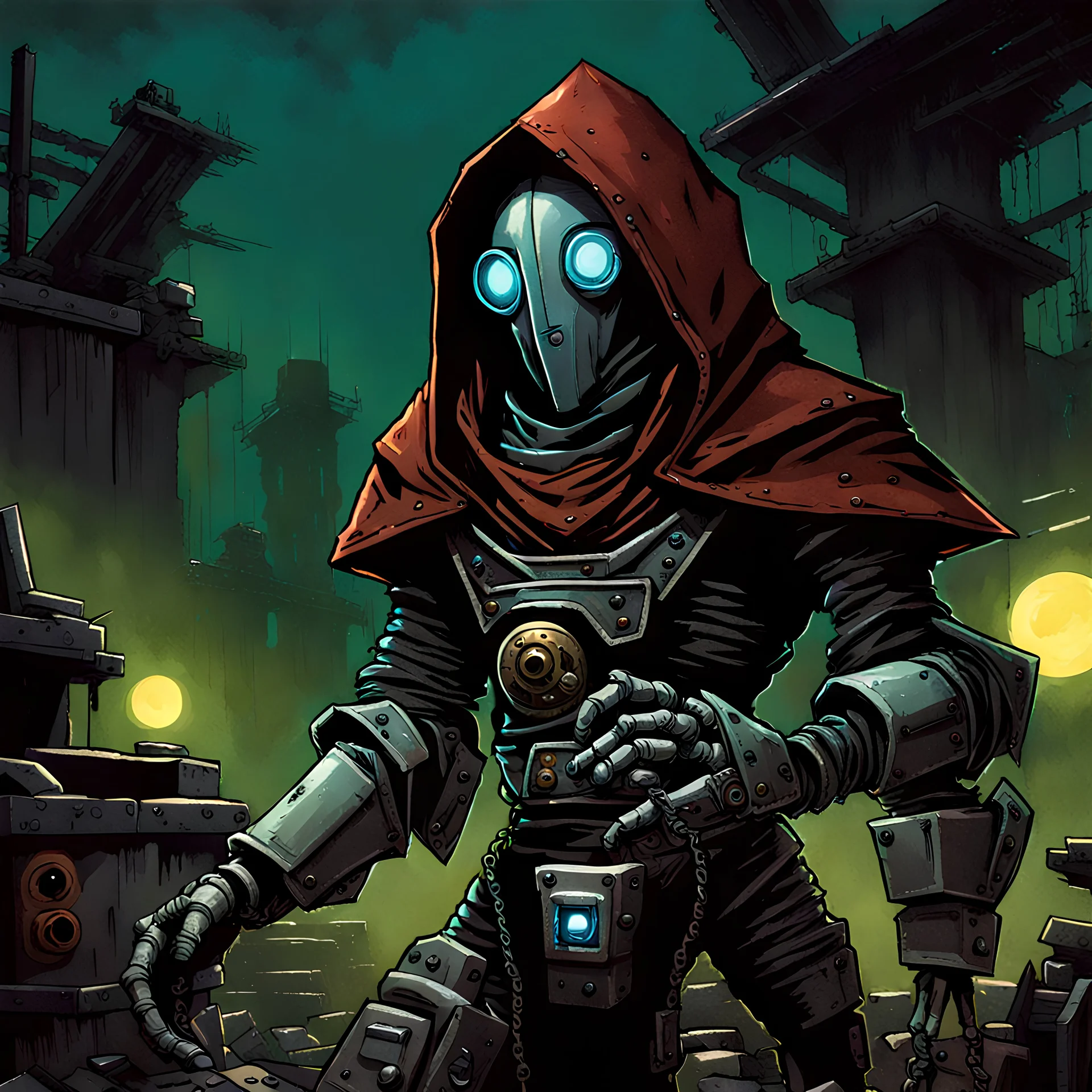 90's fantasy tcg art of a hooded robot with a mask in a dark nighttime junkyard