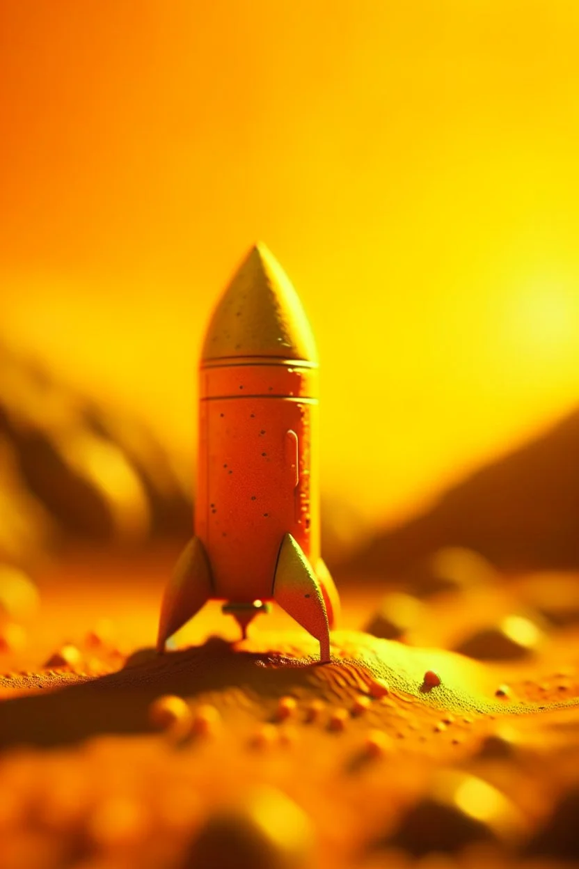 rock rocket on hazy yellow orange planet, photo-realistic, shot on Hasselblad h6d-400c, zeiss prime lens, bokeh like f/0.8, tilt-shift lens 8k, high detail, smooth render, down-light, unreal eng