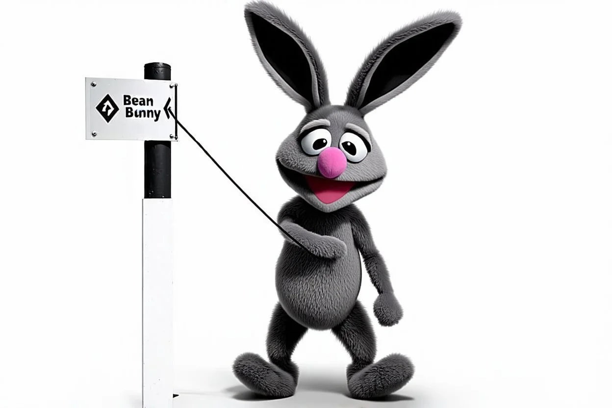 the muppet's Bean Bunny in a grey color, panicked in wind holding onto a sign post while being pulled vertically. on white background