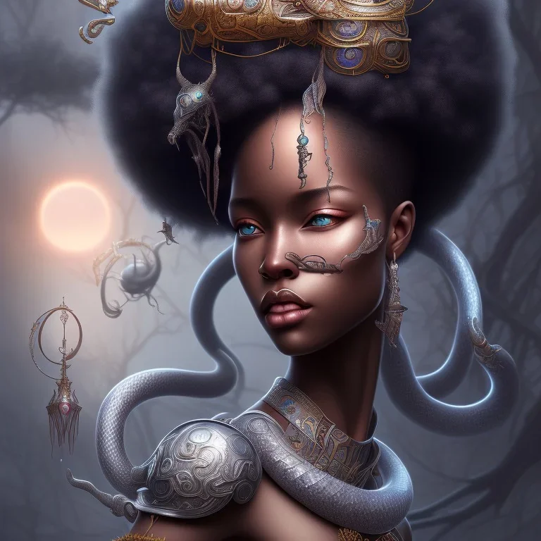 sango fantasy, fantasy magic, intricate, sharp focus, illustration, highly detailed, digital painting, concept art, matte, masterpiece head sexy view black African beauty black afro hair space lady silver snakeskin African princess wind storm