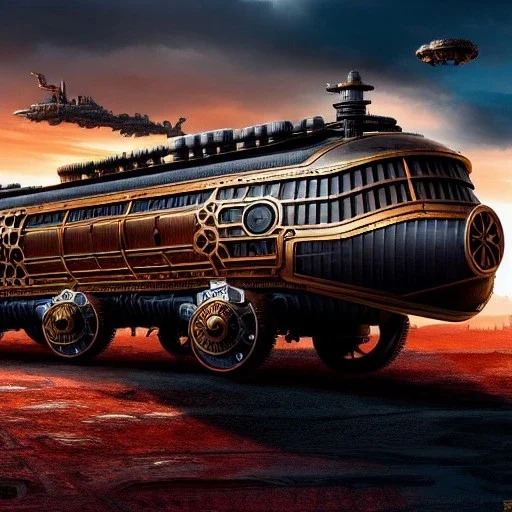 fullbody Drawing of 'sketch of steampunk Vehicles as in the movie mortal engines(2018)',intricate detail,andrea bonelli,Kilian Eng,Ohrai,evan lee,Aleksandr Sidelnikov,KyuYong Eom,three quarters frontal aerial view,toned colors,32k