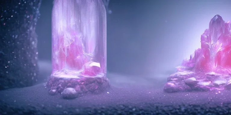 single pink crystal, on an altar in a foggy cave, cinematic,