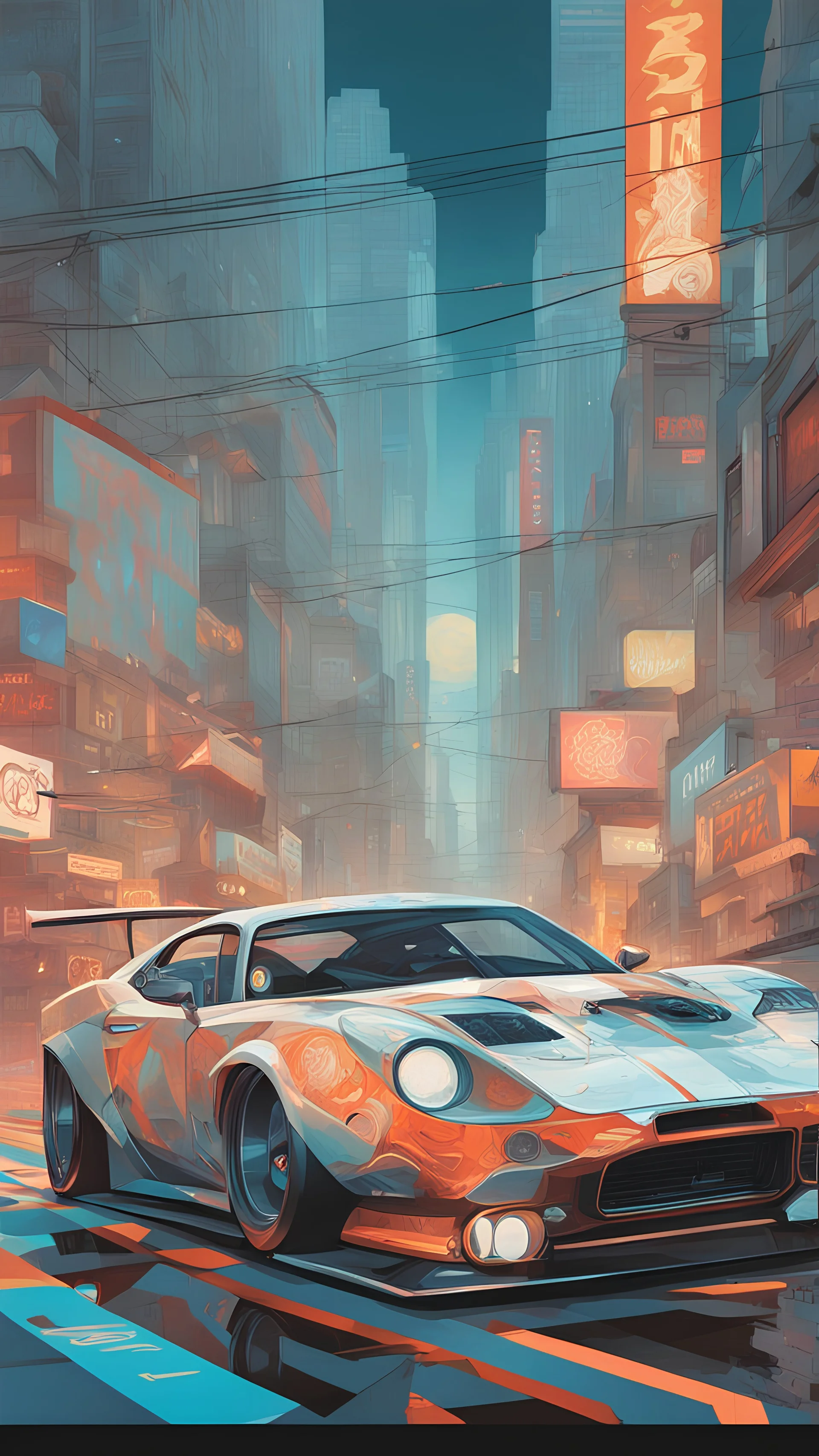 paper craft style sport car and city. tristan eaton, victo ngai, artgerm, rhads, ross draws, Kaethe Butcher, Hajime Sorayama, Greg Tocchini, Virgil Finlay, sci-fi, colors, neon lights. digital painting, pixiv, by Ilya Kuvshinov (Masterpiece:1.1, Highly detailed:1.1), ultra realistic, (top quality) (depth of field)