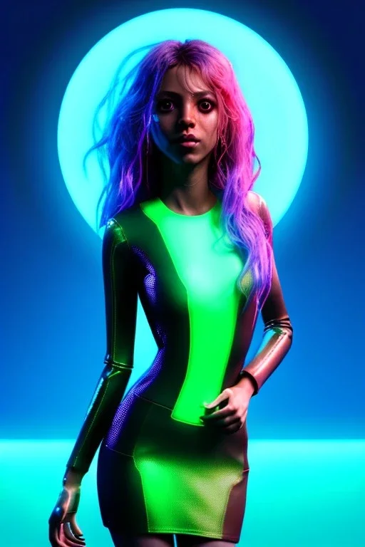 Cyber Shakira, artist, 30 years old, Realistic image, waist up portrait, latex style dress. loose long hair, eyes make up, perfect, glow, circle iris. Neon colors, leds, geometric shapes. Dark background, photo studio, neon lights. Cyberpunk, concept art, smooth, unreal engine 5, god lights, ray tracing, RTX, lumen lighting, ultra detail, volumetric lighting, 3d, finely drawn, high definition, 4k.