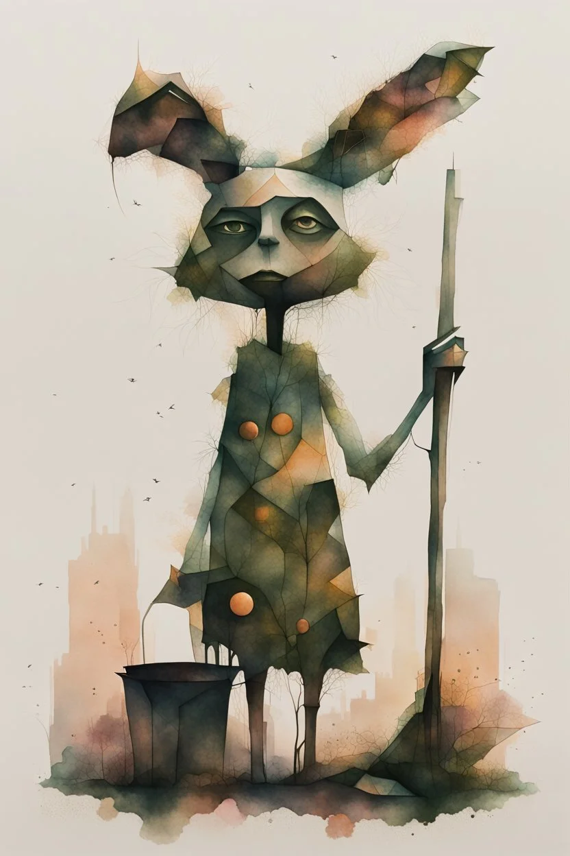 An abstract cityscape at dusk, where geometric buildings dissolve into soft, hazy forms. Delicate flora vines creep up the stark structures, their leaves catching the last light. The scene evokes a sense of urban melancholy, rendered with a sense of ethereal beauty. The style is a blend of minimalist composition and soft, blended watercolor textures, inspired by the clean, zen-like lines of Japanese woodblock prints. Modifiers: fantastic view highlighted by fog and particles illuminated by the r