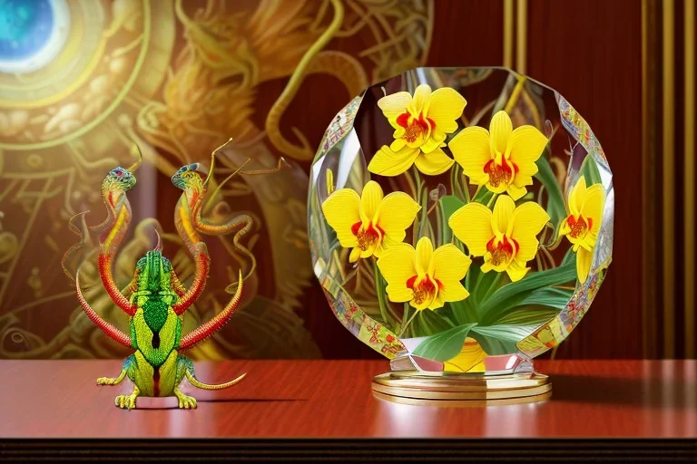 hypersigil photograph of a beautiful yellow and red orchid in a clear glass rococo inspired vase on a mirrored deco themed end table in a shadowy corner of a nouveau era room with wood paneling in the style of Robert maplethorpe, tropical birds, lizards, snakes, insects, gorgeous, shamanic, ethereal, photorealistic, embellishments, long shot, wide shot, dof, deep focus, 3d render