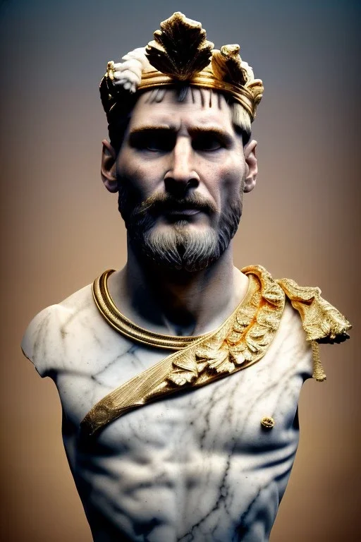 Realistic image, Roman sculpture made in white marble with gold veins, Lionel messi with gold laurel leaves crown, decorative star on the chest, waist up portrait, marble material, gold ornaments, Baroque style, sun rays background, epic, celestial, cinematic lighting, God lights, 4k resolution, smooth details, soft lighting, unreal engine 5, art station, substance 3d.