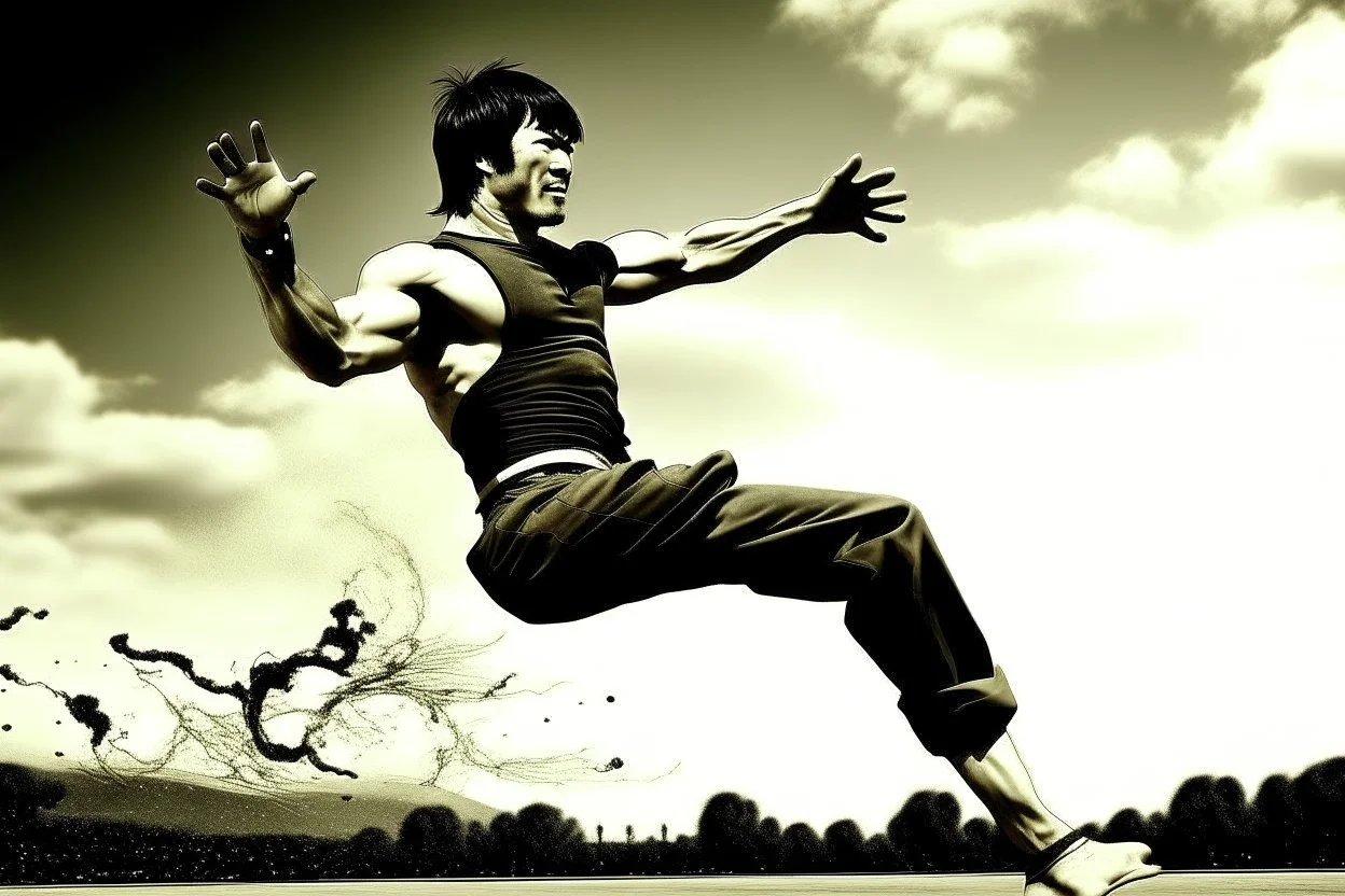 bruce lee,photo realism,in,his,prime,doing,flying,kick