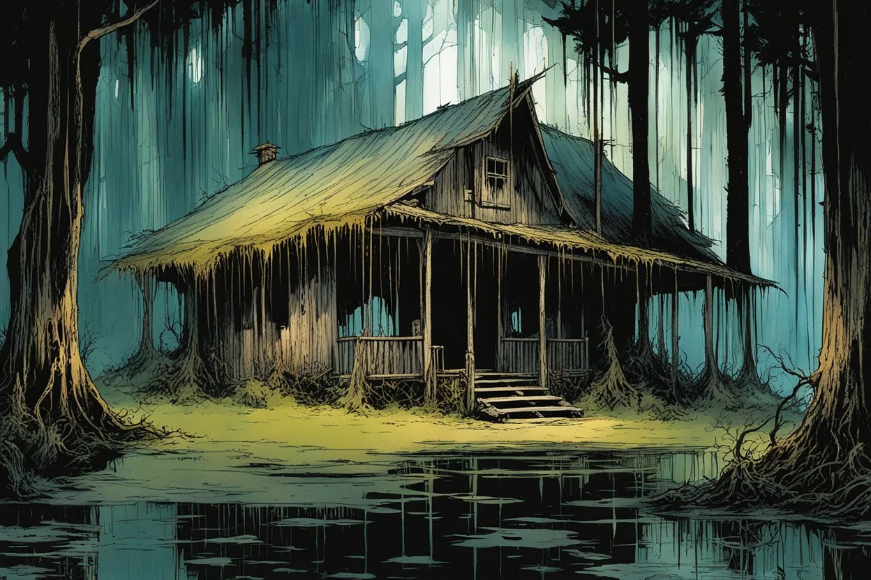 A ramshackle witches shack exuding a malevolent light, in a dark cypress swamp overhung with Spanish moss , in the comic book style of , Bill Sienkiewicz, , Alex Pardee , and Jean Giraud Moebius, muted natural color, sharp focus, ethereal , dark and foreboding