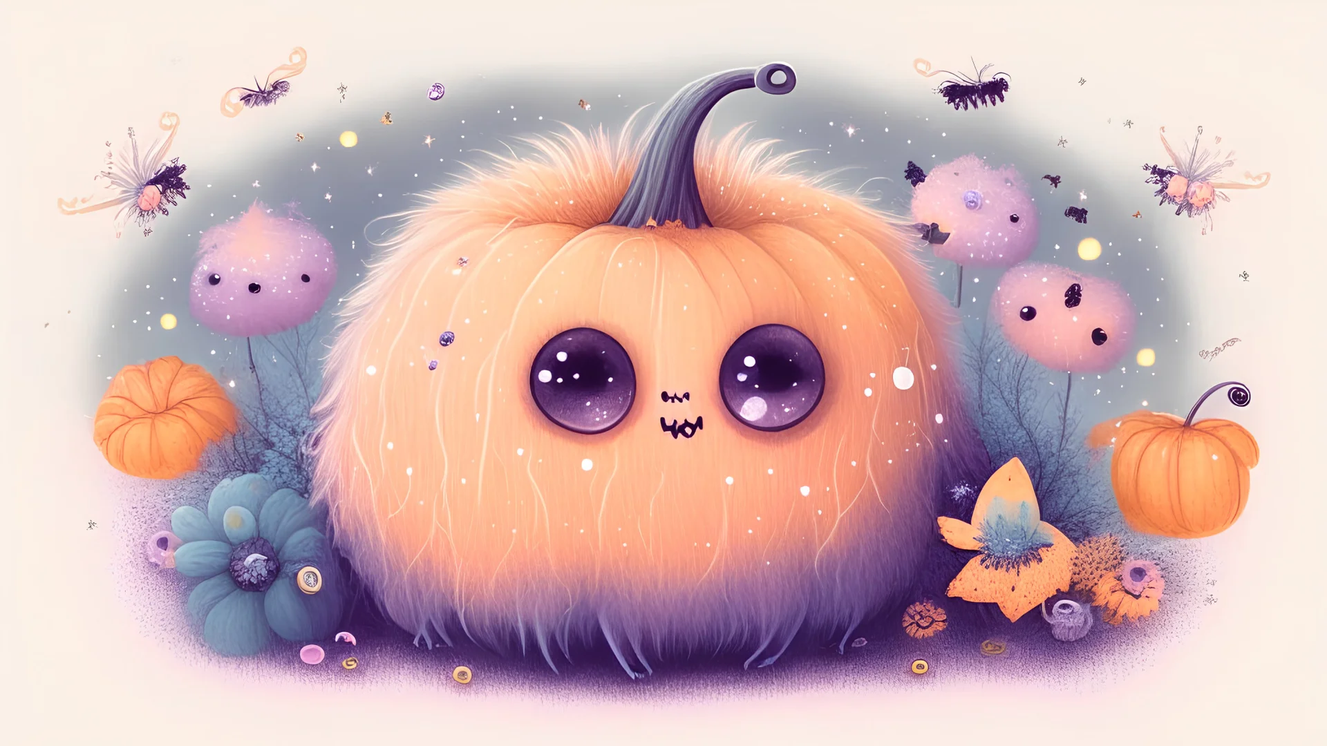 Cute soft hairy fuzzy pumpkin monster with big cute eyes. Bats, stars, sparkles, flowers and mushrooms around. Sweet pastel autumn colours.